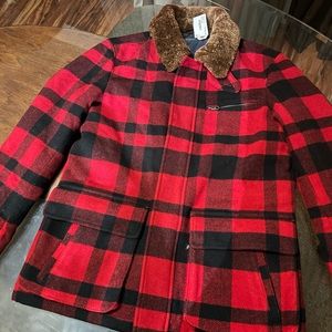 Shearling-Collar Plaid Barn Coat